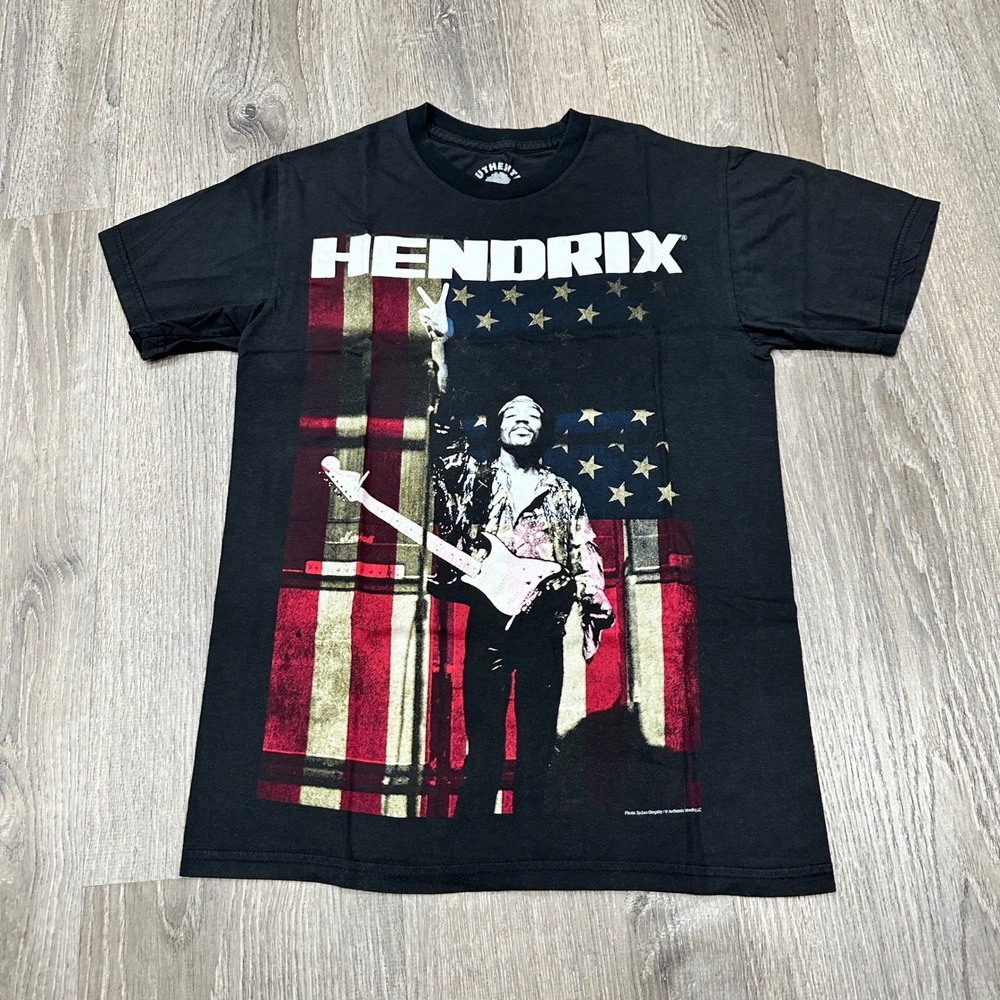 Authentic Jimi Hendrix Mens Small Black Graphic T-Shirt American Flag Rock Band - Picture 3 of 9